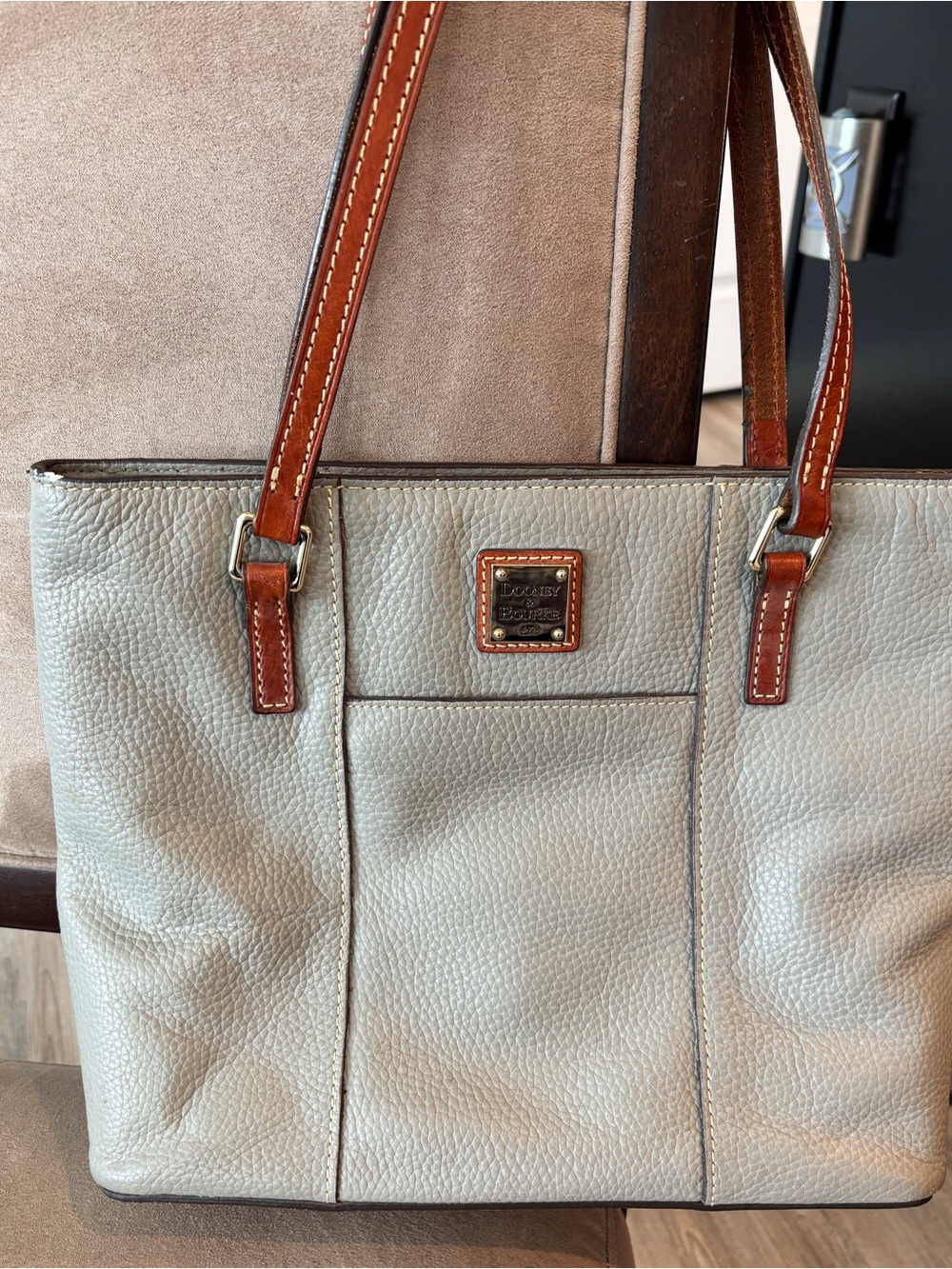 Dooney & Bourke Pebbled Leather Light Beige/soft gray Tote with Brown Straps